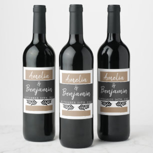 Elegant Modern Grey Beige Script Wedding Wine Label
