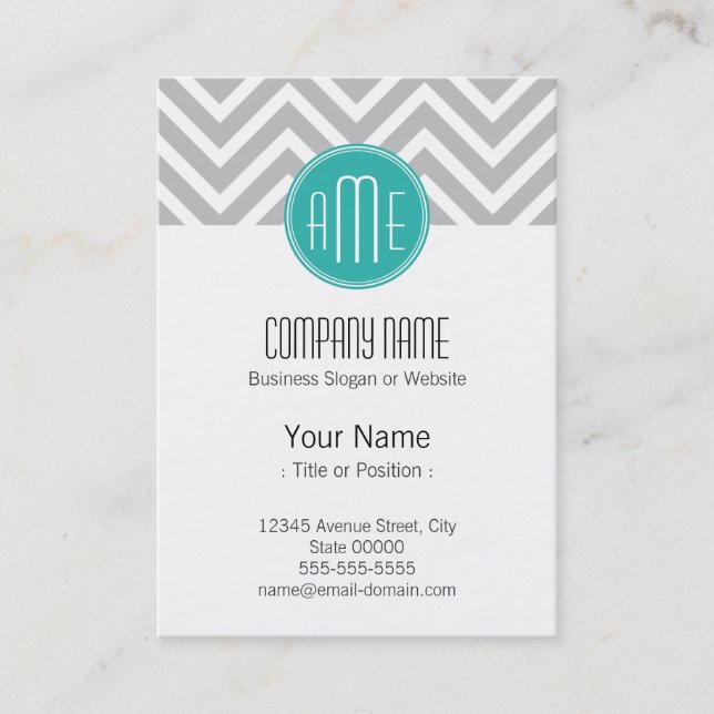Elegant Modern Grey Chevron and Mint Monogram Business Card (Front)