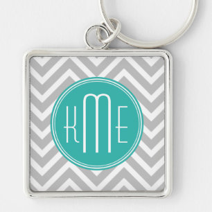 Elegant Modern Grey Chevron and Mint Monogram Key Ring