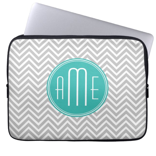 Elegant Modern Grey Chevron and Mint Monogram Laptop Sleeve (Front)