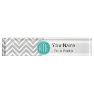 Elegant Modern Grey Chevron and Mint Monogram Nameplate