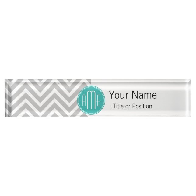 Elegant Modern Grey Chevron and Mint Monogram Nameplate (Front)