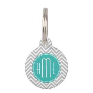 Elegant Modern Grey Chevron and Mint Monogram Pet Tag