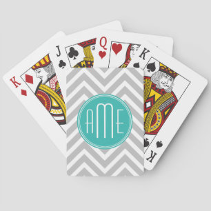 Elegant Modern Grey Chevron and Mint Monogram Playing Cards