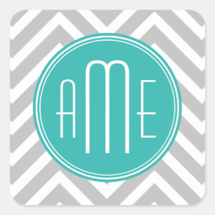 Elegant Modern Grey Chevron and Mint Monogram Square Sticker