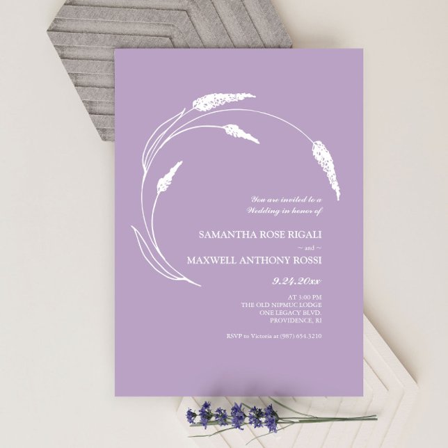 Elegant Modern Hand Drawn Lavender Wedding Invitation (Lavender wedding invitations minimalist line art and design by Victoria Grigaliunas)