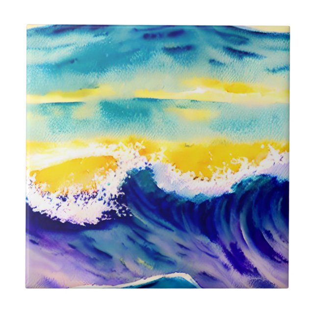 Elegant modern hand painted Ocean Wave Sunlight Tile (Front)