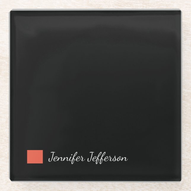 Elegant Modern Handwriting Plain Black Glass Coaster (Front)