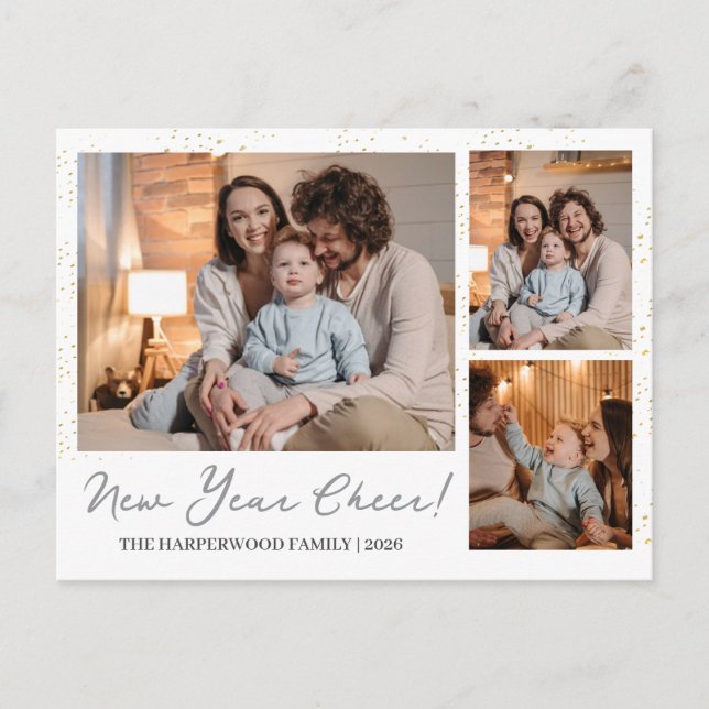 Elegant Modern Happy New Year 3 Multi Photo Holiday Postcard (Front)