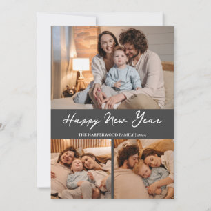 Elegant Modern Happy New Year Black 3 Collage Holiday Card