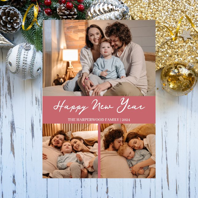 Elegant Modern Happy New Year Black 3 Collage Holiday Card (Creator Uploaded)