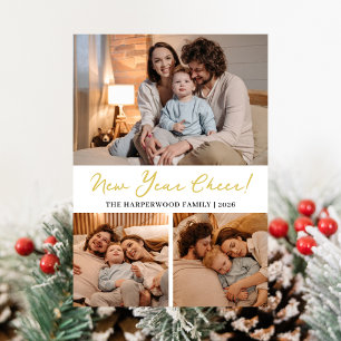 Elegant Modern Happy New Year Black 3 Collage Holiday Card