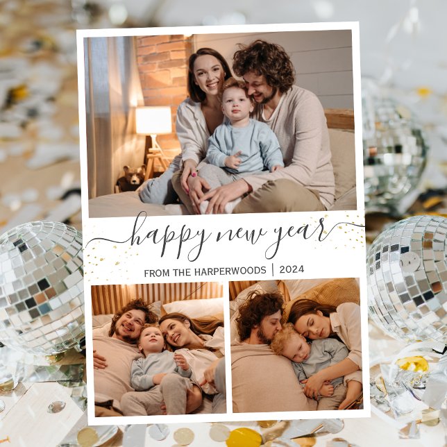 Elegant Modern Happy New Year Black 3 Collage Holiday Card (Creator Uploaded)