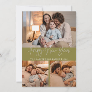 Elegant Modern Happy New Year Black 3 Collage Holiday Card