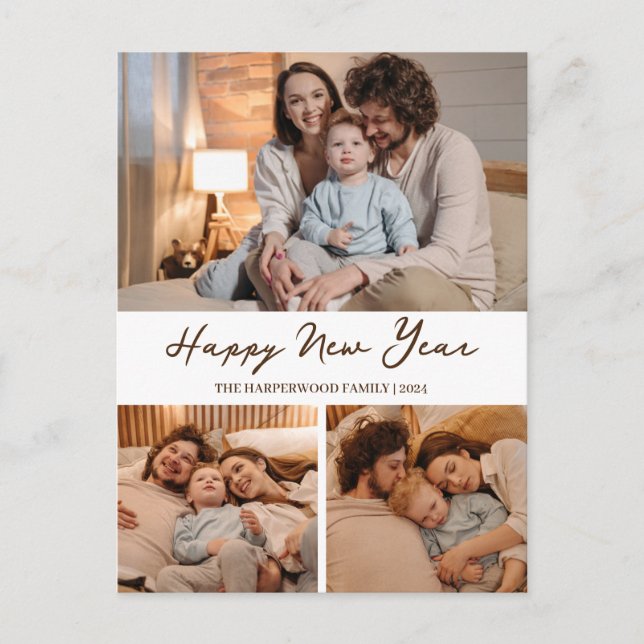 Elegant Modern Happy New Year Black 3 Collage Holiday Postcard (Front)