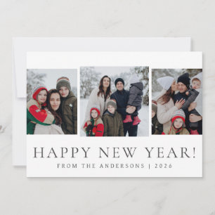 Elegant Modern Happy New Year Family 3 Photo Holiday Card