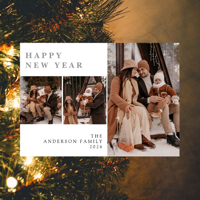 Elegant Modern Happy New Year Family 3 Photo  Holiday Card (Creator Uploaded)