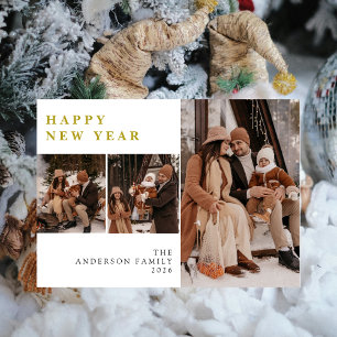 Elegant Modern Happy New Year Family 3 Photo Holiday Card