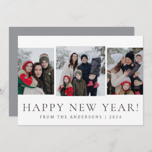 Elegant Modern Happy New Year Family 3 Photo Holiday Card