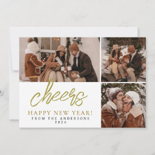 Elegant Modern Happy New Year Family 3 Photo Holiday Card