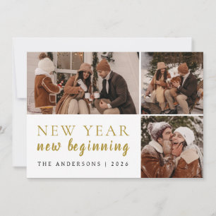 Elegant Modern Happy New Year Family 3 Photo Holiday Card