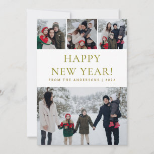 Elegant Modern Happy New Year Family 4 Photo Holiday Card