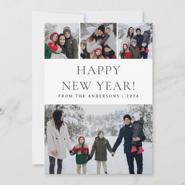 Elegant Modern Happy New Year Family 4 Photo Holiday Card (Front)