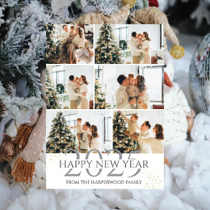 Elegant Modern Happy New Year Photo Collage Holiday Card