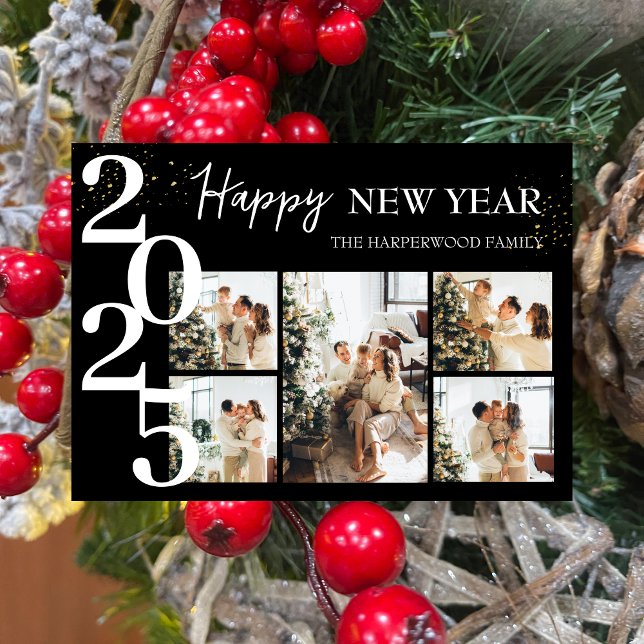 Elegant Modern Happy New Year Photo Collage Holiday Card (Creator Uploaded)