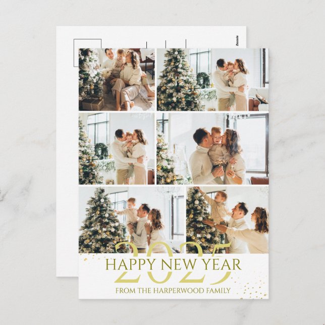 Elegant Modern Happy New Year Photo Collage Holiday Postcard (Front/Back)