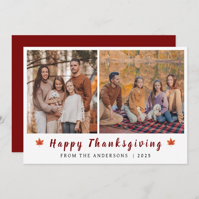 Elegant Modern Happy Thanksgiving Autumn 2 Photo Holiday Card (Front/Back)