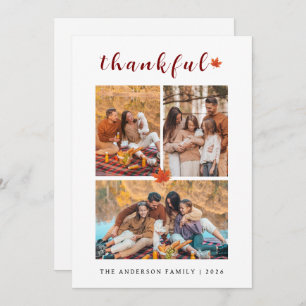 Elegant Modern Happy Thanksgiving Autumn 3 Photo Holiday Card