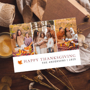 Elegant Modern Happy Thanksgiving Autumn 3 Photo Holiday Card