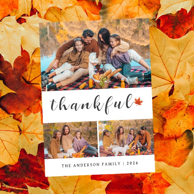 Elegant Modern Happy Thanksgiving Autumn 3 Photo Holiday Card (Creator Uploaded)
