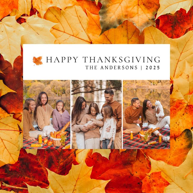 Elegant Modern Happy Thanksgiving Autumn 3 Photo Holiday Card (Creator Uploaded)
