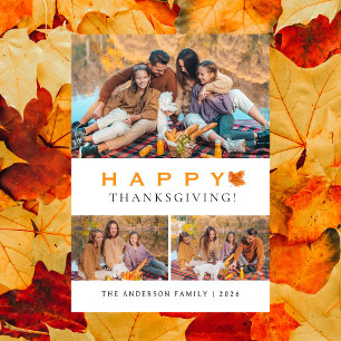 Elegant Modern Happy Thanksgiving Autumn 3 Photo Holiday Card