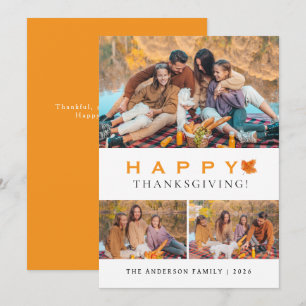 Elegant Modern Happy Thanksgiving Autumn 3 Photo Holiday Card