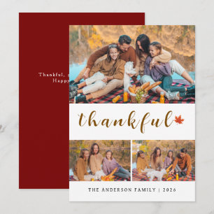 Elegant Modern Happy Thanksgiving Autumn 3 Photo Holiday Card