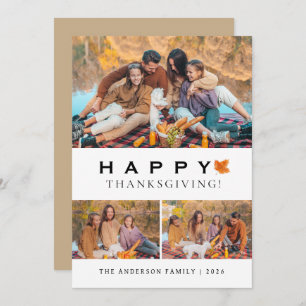 Elegant Modern Happy Thanksgiving Autumn 3 Photo Holiday Card