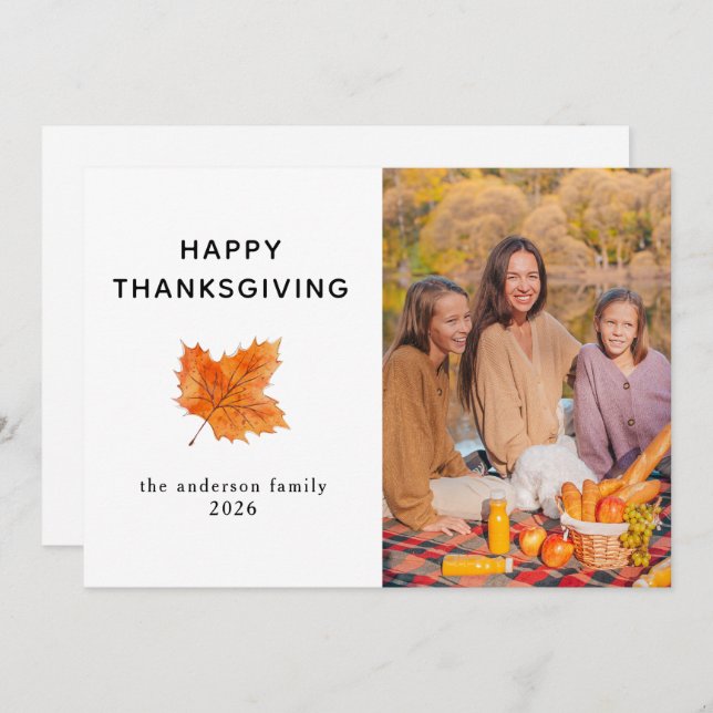 Elegant Modern Happy Thanksgiving Autumn Photo Holiday Card (Front/Back)
