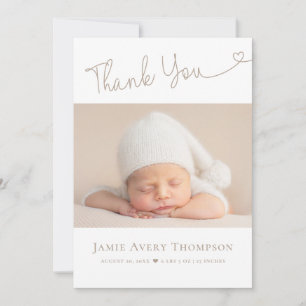 Elegant Modern heart Script Minimal Photo Birth Thank You Card