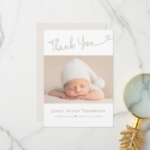 Elegant Modern heart Script Minimal Photos Birth Thank You Card