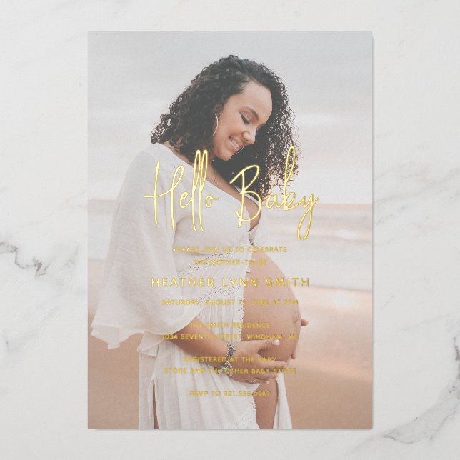 Elegant Modern Hello Baby Photo Baby Shower Gold (Front)
