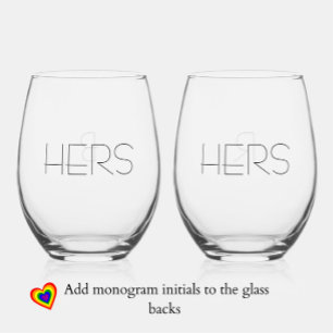 Elegant Modern "Hers Hers" Lesbian Couple Monogram Stemless Wine Glass