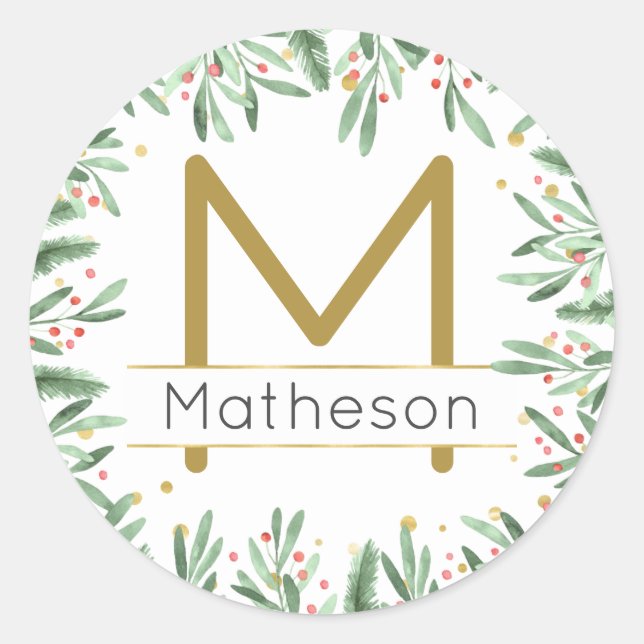 Elegant Modern Holiday Monogram Red Green and Gold Classic Round Sticker (Front)