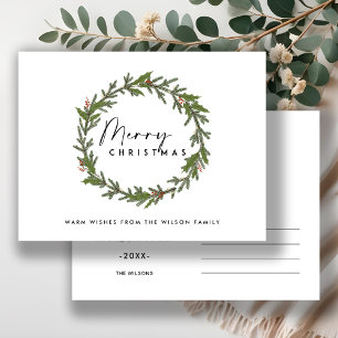 ELEGANT MODERN HOLLY BERRY WREATH MERRY CHRISTMAS HOLIDAY POSTCARD