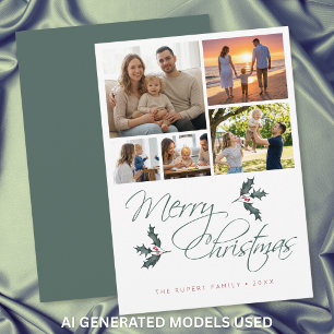 Elegant Modern Holly Photo Collage Christmas Holiday Card