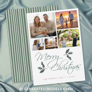 Elegant Modern Holly Photo Collage Christmas Holiday Card