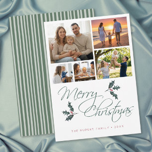 Elegant Modern Holly Photo Collage Christmas Holiday Card