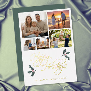 Elegant Modern Holly Photo Collage Happy Holidays